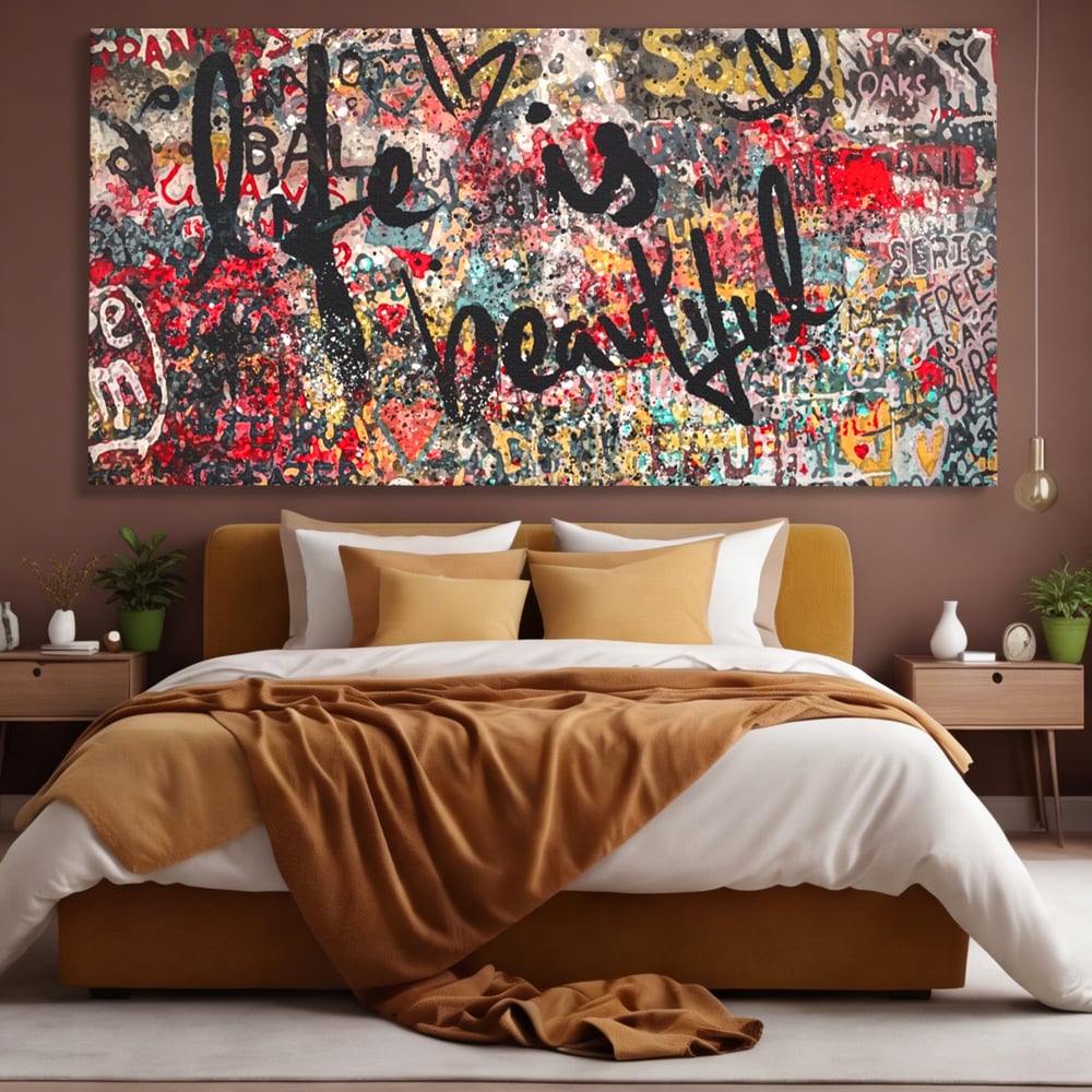 Tablou canvas cu tablou canvas cu mesaj motivational, fara rama, pe sasiu de lemn, pe perete intr-un dormitor